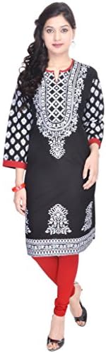 Shop Rajasthan Women's 3/4 Sleeve Printed Round Neck Tunic Top Cotton Kurti XXX-Large Black