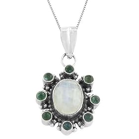 6.5 Cttw. Moonstone, Aventurine 925 Sterling Silver Pendant With 18 Box Chain by Moonstone Birthstones