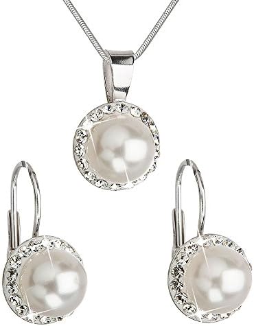 Silver Jewelry Set withSwarovski Elements Crystals and Simulated Pearl Bead Earrings and Necklace Set