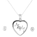 Sterling Silver With Cubic Zirconia Mom Necklace & Round Earring Set - Silver/White ( 18" )