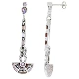 Marcasite Fan-shaped Earrings in Sterling Silver, w/ Mother of Pearl, 2 3/16" (56mm) tall