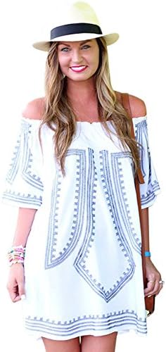 Celltronic Women Sexy Off Shoulder Slash Neck Long Sleeve Print Summer Dress(White,M)