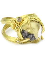 Vibes "Whimsical" 18 Karat Gold Large Rock Crystal and Black Diamond Ring, Size 6