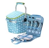 Summerhouse Vintage Picnic Basket Set, 4 Person, Blue Dots
