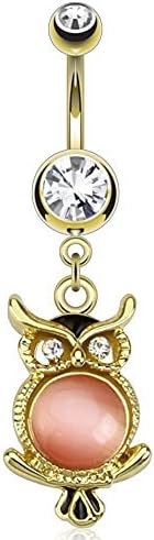 Owl Gold Plated with Cat's Eye Gemmed Dangle Navel Ring 14g