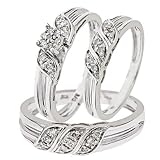 1/4 Carat T.W. Round Cut Diamond Trio Matching Wedding Ring Set 10K White Gold Three Ring - Ladies Engagement Ring, Wedding Band & Mens Wedding Band - Free Gift Box -