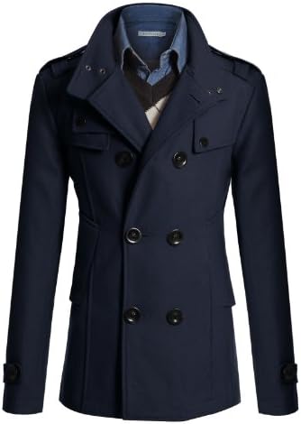 Doublju Mens Wool Slim Double Breasted Half Trench Coat