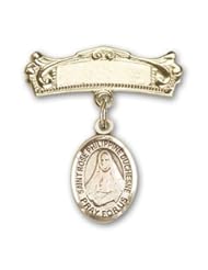 Gold Filled Baby Badge with St. Rose Philippine Charm and Arched Polished Badge Pin