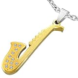 New Men's Stainless Steel 2-Tone Saxaphone Pendant With CZ Stones & Chain - Length 50cms