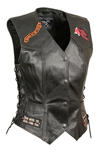 ELL4900 Women’s 'Love to Ride' Black Leather Motorcycle Patched Embroidered Vests with Side Laces