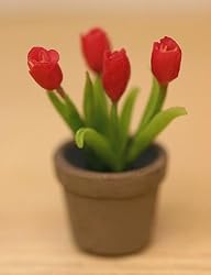 Red Tulips in a Clay Flowerpot Dollhouse Miniature