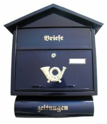 antiker briefkasten zeitungsrolle schlüssel blau