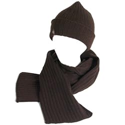 SKI SKATE 2 ply KNIT RIBBED HAT / CAP BEANIE SCARF SET * BROWN * Medium - Large