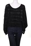Cleo Apparel Dolman Bat Wing Sleeves Layered Fringe Décor Boat Neck Slouchy Boxy Blouse Top Black