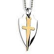 Stainless Steel Two Piece Sword and Shield Pendant with Gold Plating on 24 Inch Polished Ball Chain