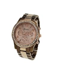 Geneva Womens Designer Inspired Chronograph Style Rhinestone Bezel Two Tone Watch in Brown and Rose Gold Tone