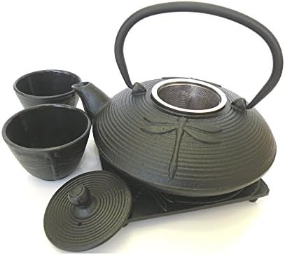 Japanese Tetsubin Cast Iron Positivity Teapot Set - Delightful to Look at, Our Gorgeous Dragonfly Cast Iron Teapot and Set of Two Cups And Stand Pad are Also the Best Way to Brew and Enjoy Delicious Tea. By Distributing and Holding the Heat Evenly, The Flavors are Fully Extracted From the Tea Leaves and Cast Iron Cups and Keep Your Tea Piping Hot. Solid Cast Iron With Fully Enameled Interior. Teapot 8-1/4"L x 7"W x 6"H.(Not Intended for Stove Top or Microwave Use.!)(#F15462)