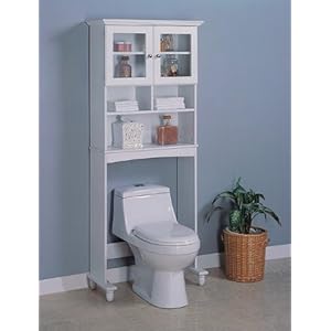 White Wood Bathroom Commode Shelf w/Storage Shelves Glass Door