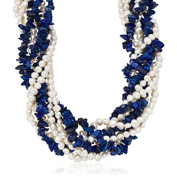 5-6mm Cultured Pearl, Lapis Torsade Necklace, Silver. 18\