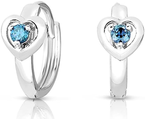 Sterling Silver Heart Huggie Earrings for Girls with Simulated Aquamarine March Birthstone