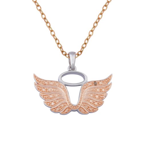 Rhodium and Rose Gold Plated Sterling Silver Diamond Accent Angel Wing Pendant Necklace, 20\