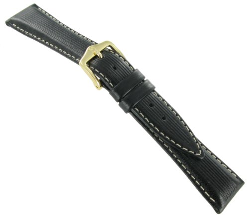 18mm Hirsch Stradivari Black Genuine Leather Tapered Padded White Stitched Relief Water Resistant Watch Band