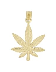 14k Yellow Gold, Hemp Marijuana Leaf Design Pendant Charm with Sparkly Cuts
