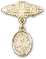 14K Gold Baby Badge with Scapular Charm and Badge Pin with Cross
