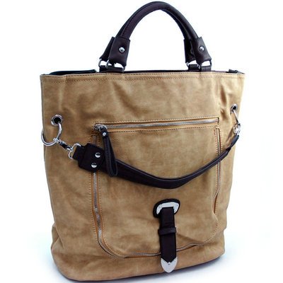 Dasein Decorative Zipper & Buckle Front Tote Bag Tan/ Dark Brown Faux Leather