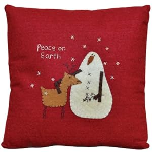 Pillow - Snowman Peace on Earth - Primitive Country Rustic Winter Christmas Embroidered Seasonal Decor