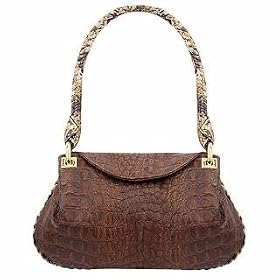 Fontanelli Brown Croco-embossed Leather Flap Bag w Python Trim
