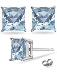 2.15 Cts of 6 mm AA Princess Aquamarine Stud Earrings in 18K White Gold