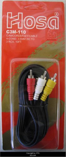 Hosa 10' Audio/Visual Camcorder Cable, 4 Conductor Right Angle 3.5mm Mini Male to 3 RCA Male Connectors, Video + Left/Right Audio