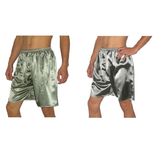 2 PACK: SILK COUTURE Mens Sleepwear - Silk Boxer Shorts / Pajama Lounge Shorts - Green & Grey (Size: M-L)