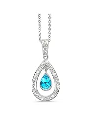 Twin Pear Shaped Diamond Pendant In 18K White Gold With A 1.00 ct. Genuine Blue Topaz Center Stone.