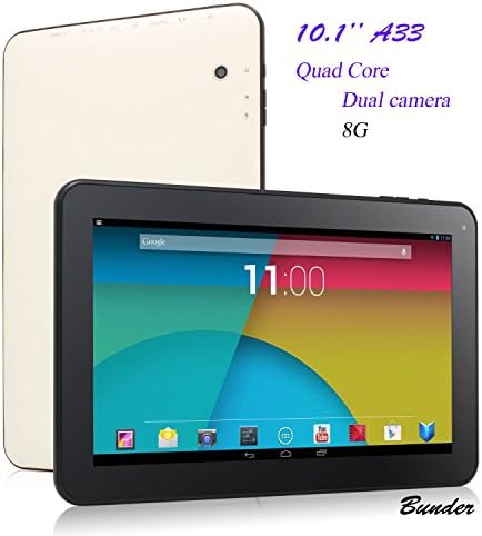 10.1" Android 4.4.2 KitKat 8GB A33 Quad Core Tablet PC, Bluetooth, Dual Camera, Wifi, Google Play, Supports 3D Games, White with Black Front, New 2015 Model by Bunder