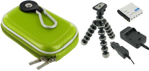 4n1 Hard Shell Case (Candy Green) / EN-EL10 AC DC Charger / Battery / Tripod for Nikon Coolpix S230 Digital Camera Jet Black