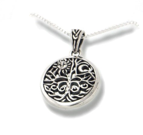 Celtic Tree of Life Art Symbol with Sun and Moon Sterling Silver Pendant with 18 Necklace