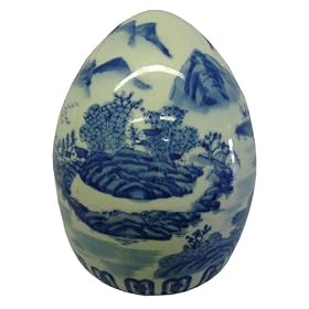 Blue and White porcelain egg, handpainted, underglazed, mountain landscape scene