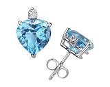 8mm Heart Blue Topaz and Diamond Stud Earrings in 14K White Gold