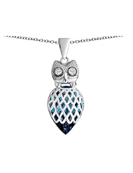 Original Star K (tm) Good Luck Owl Pendant with Pear Shape Simulated Blue Topaz in 925 Sterling Silver