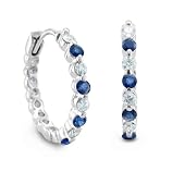 18k White Gold Natural Sapphire and Diamond Hoop Earrings (G, SI2, 0.60 cttw)