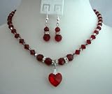 Bridal Gifts & Favors Genuine Siam Red Crystals Handcrafted Custom Jewelry w/ Red Crystal Heart Pendant Necklace Set (BRAND NEW)