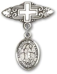 Sterling Silver Baby Badge with St. Isidore the Farmer Charm and Badge Pin with Cross