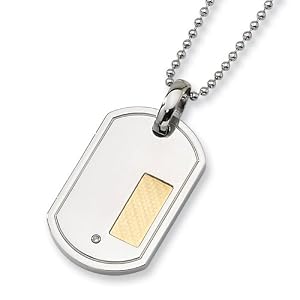 14K Gold Plated Stainless Steel and Diamond Dog Tag and 24 Inch Bead Chain