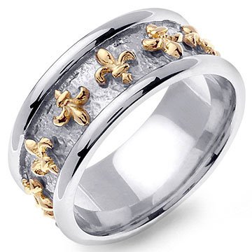 14K Two-Tone Gold Fleur De Lis Celtic Wedding Band Ring