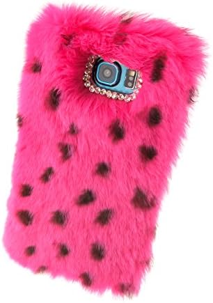 Datha(tm) Deluxe Luxury Stylish Bling Fluffy Cover Plush Rex Rabbit Hair Fur Case Decorative Full Handmade Soft Comfortable Cover Case for Samsung Gxalxy S6 Edge G9250 -(Rose Leopard)
