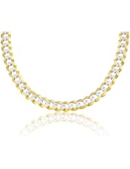 14K Solid Yellow Gold White Pave Cuban Curb Link Chain / Necklace 9mm Wide 22" inch Long.