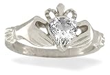 14K White Gold Genuine Heart White Topaz Celtic Claddagh Ring