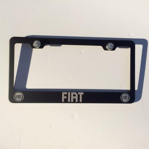 Matte Black Laser Engraved Fiat Stainless Steel USA License Plate Frame With Engraved Steel Logo Screw Cap Combo 12.25" x 6.5"